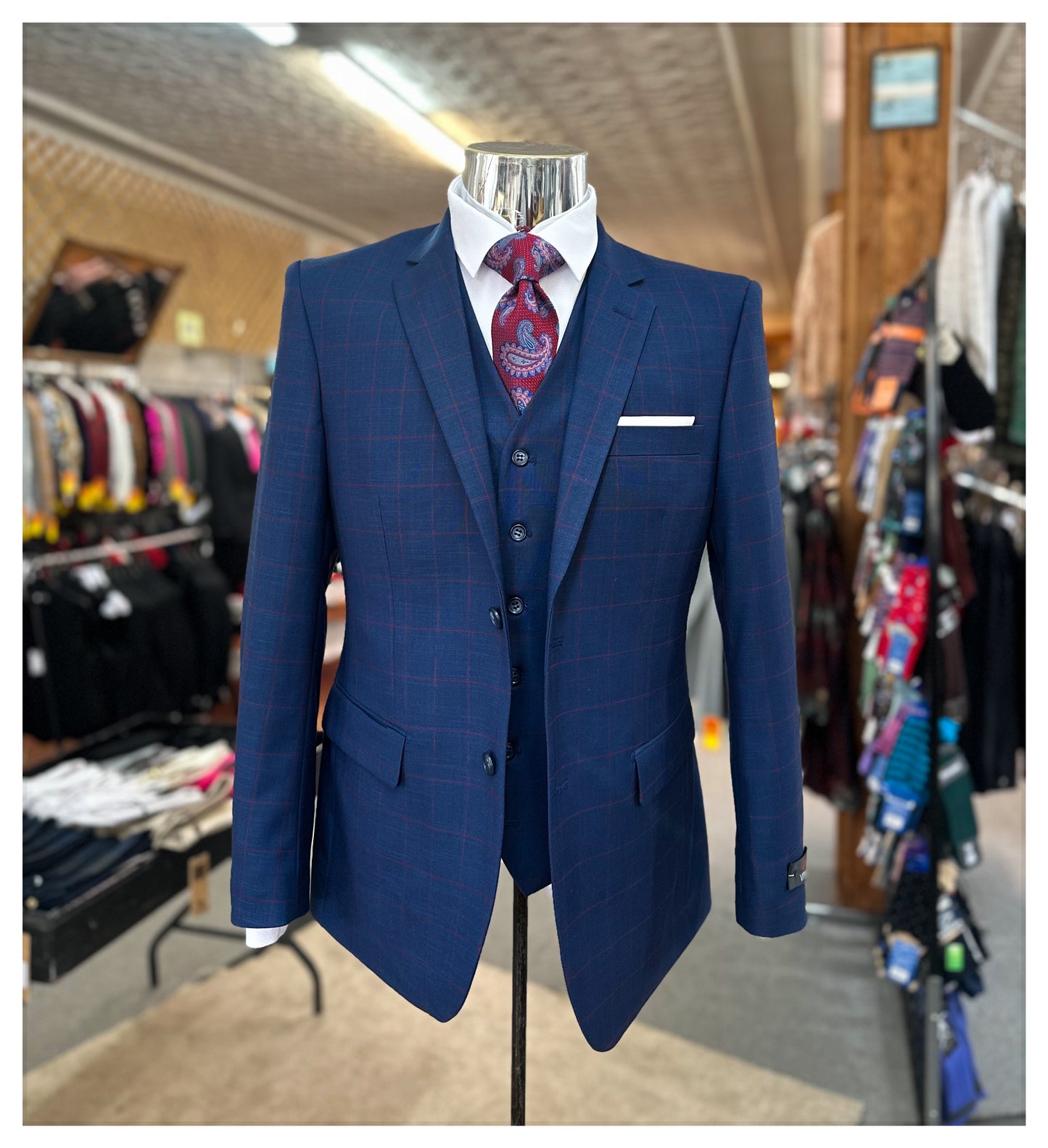 Sharkskin Petroleum Blue w/ Red Window Pane 3 Piece Suit