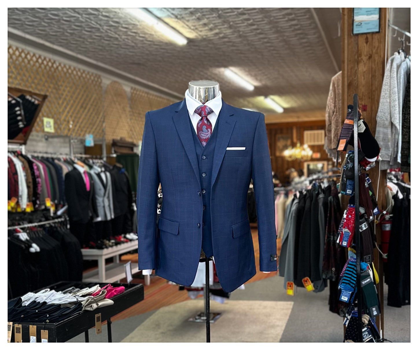 Sharkskin Petroleum Blue w/ Red Window Pane 3 Piece Suit