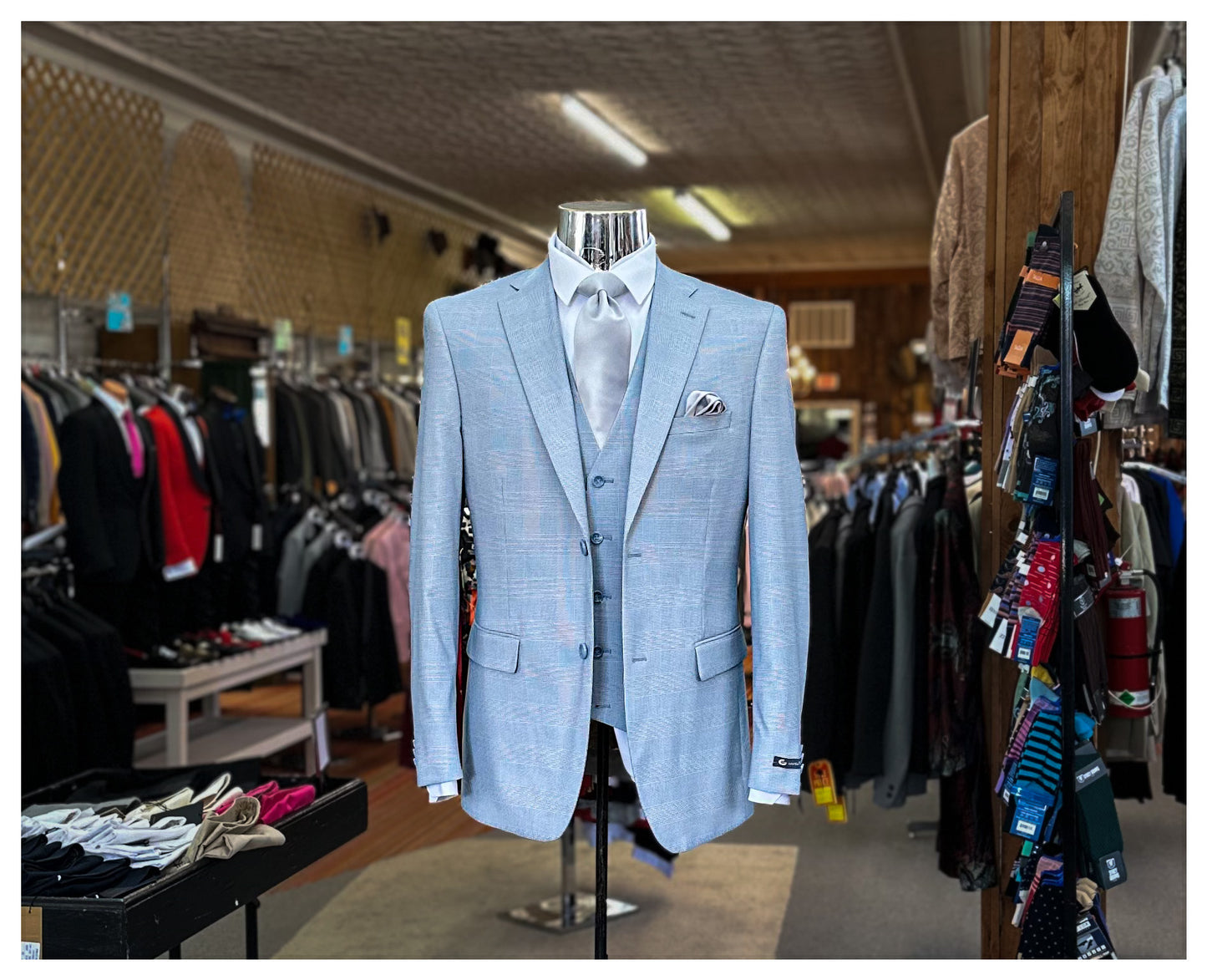 Sky Blue Plaid Vested Suit