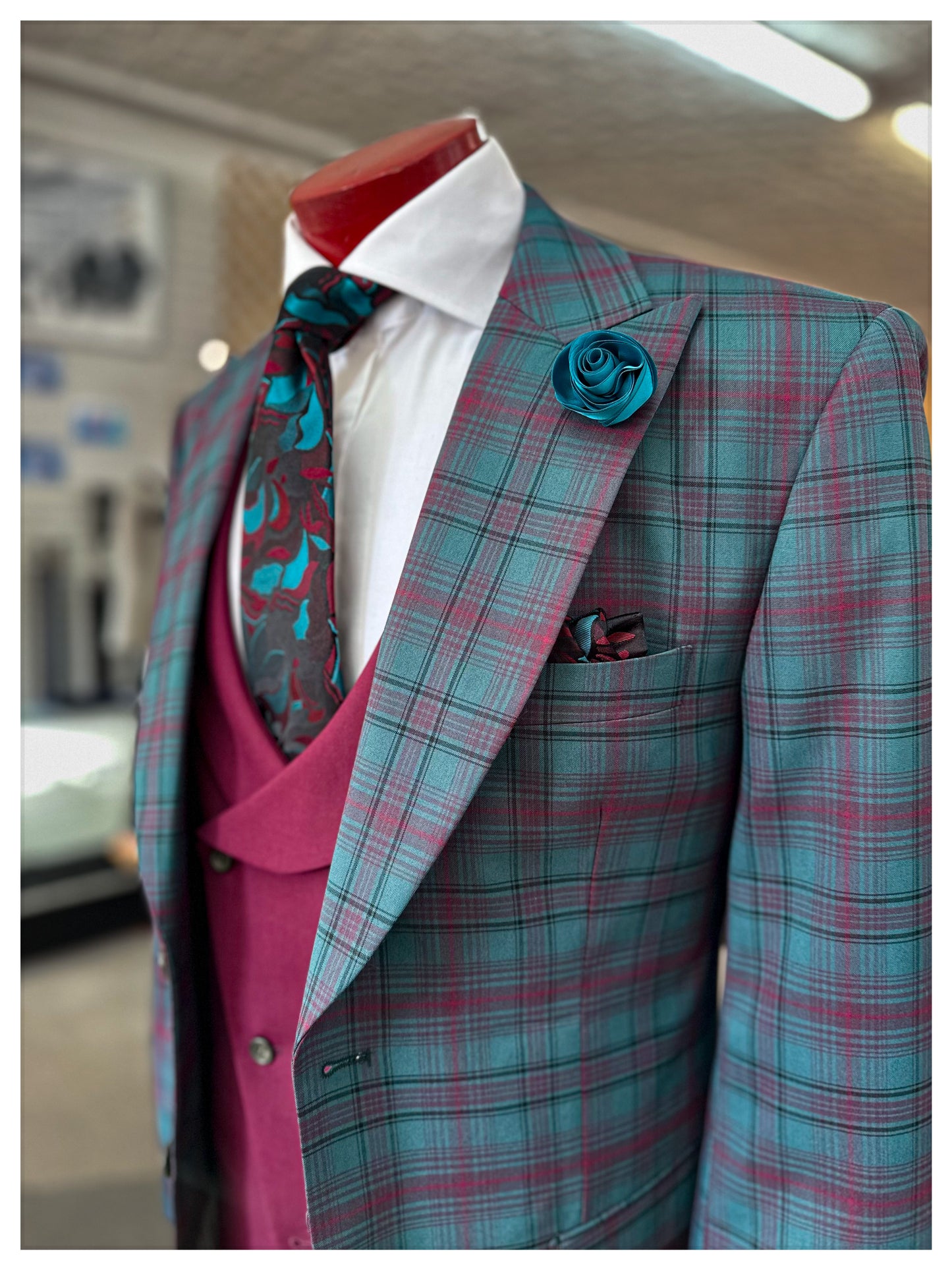 Teal/Burgundy Plaid Suit