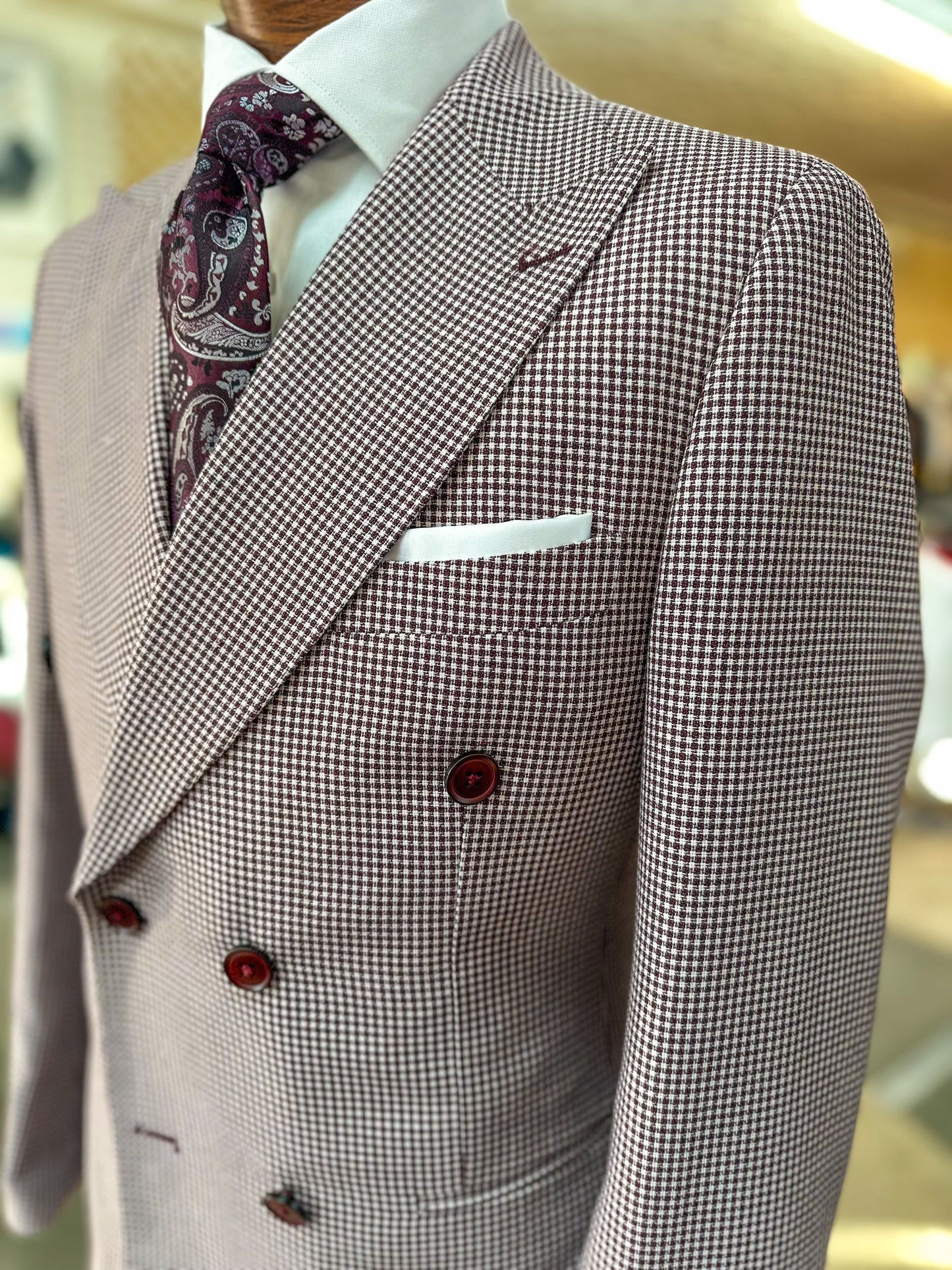 Canuti Houndstooth DB Suit - Burgundy