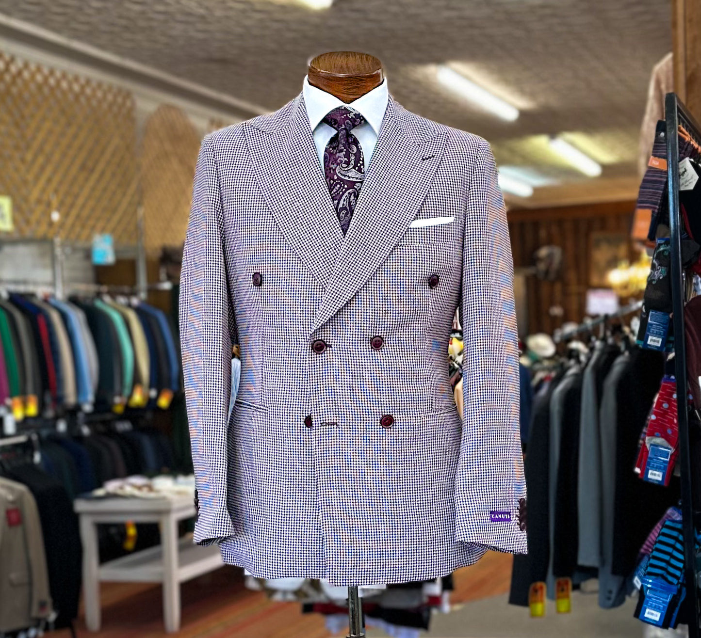 Canuti Houndstooth DB Suit - Burgundy