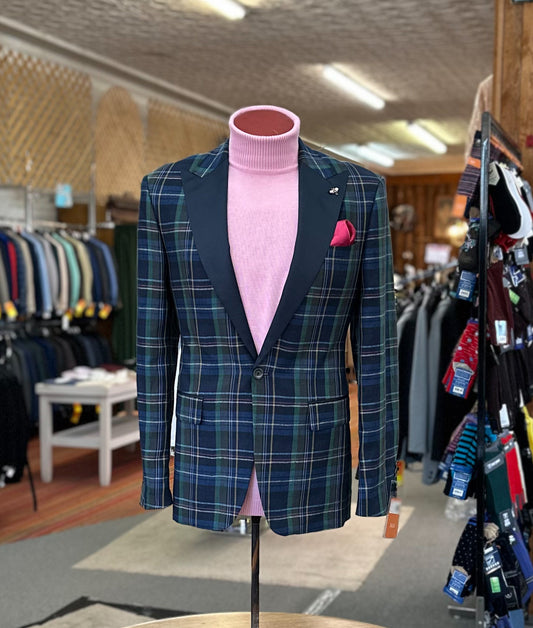 Tallia Plaid Linen Blazer - Navy