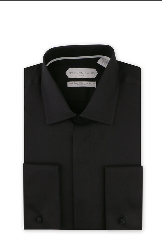 Hidden Buttons Non Iron 2 Way Stretch Shirt - Black