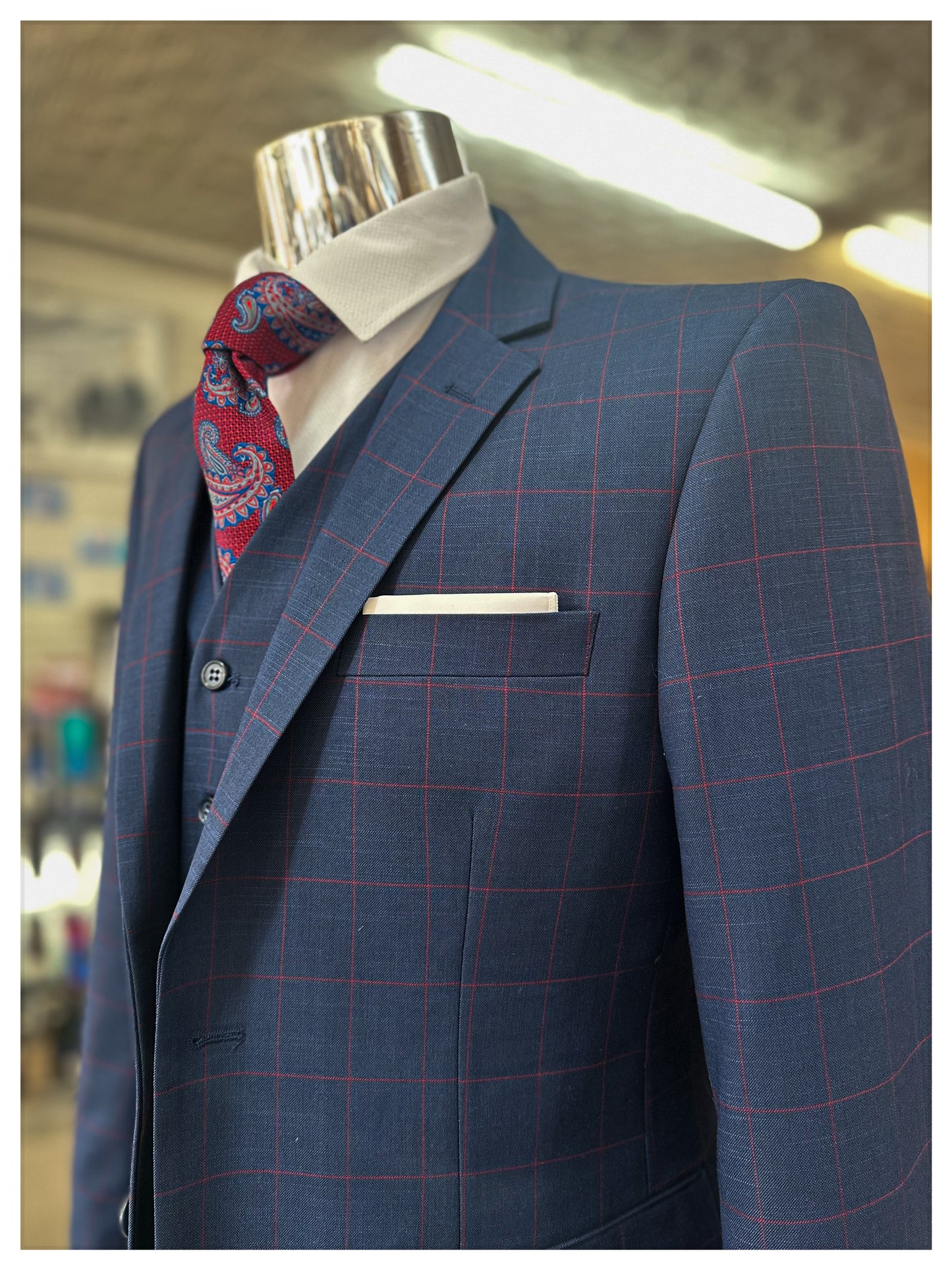 Sharkskin Petroleum Blue w/ Red Window Pane 3 Piece Suit