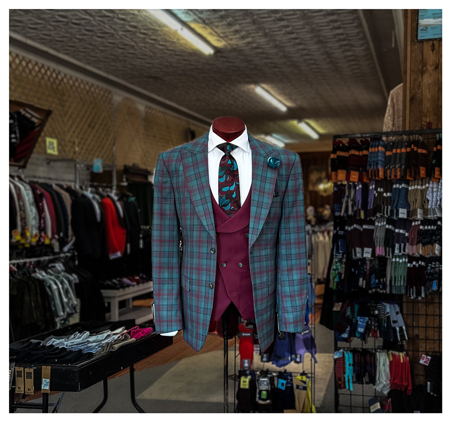 Teal/Burgundy Plaid Suit