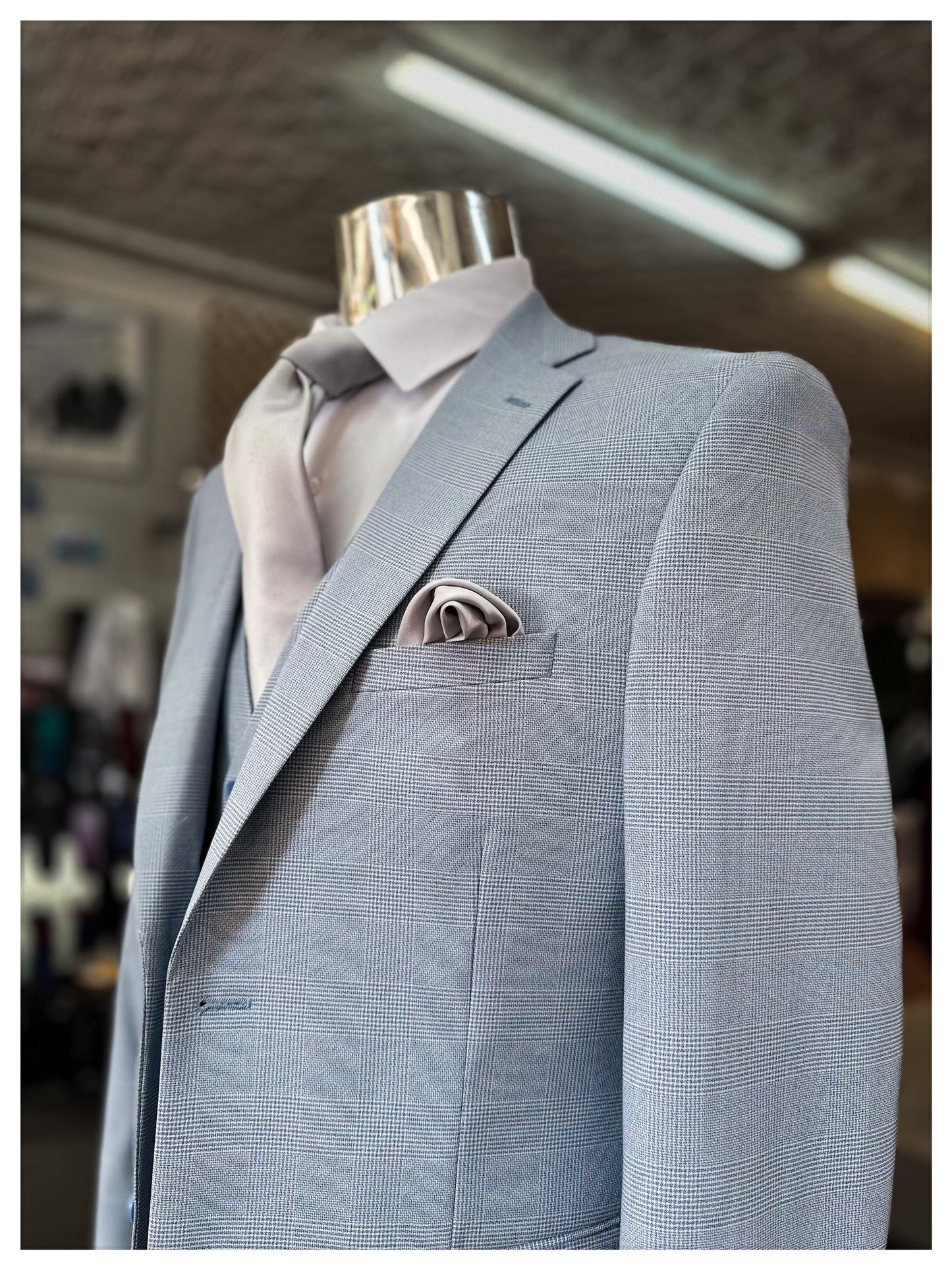 Sky Blue Plaid Vested Suit