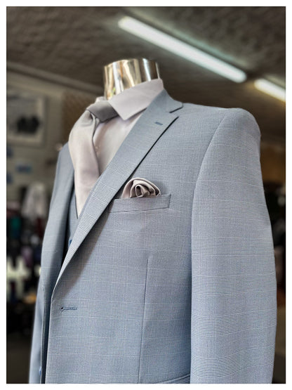 Sky Blue Plaid Vested Suit