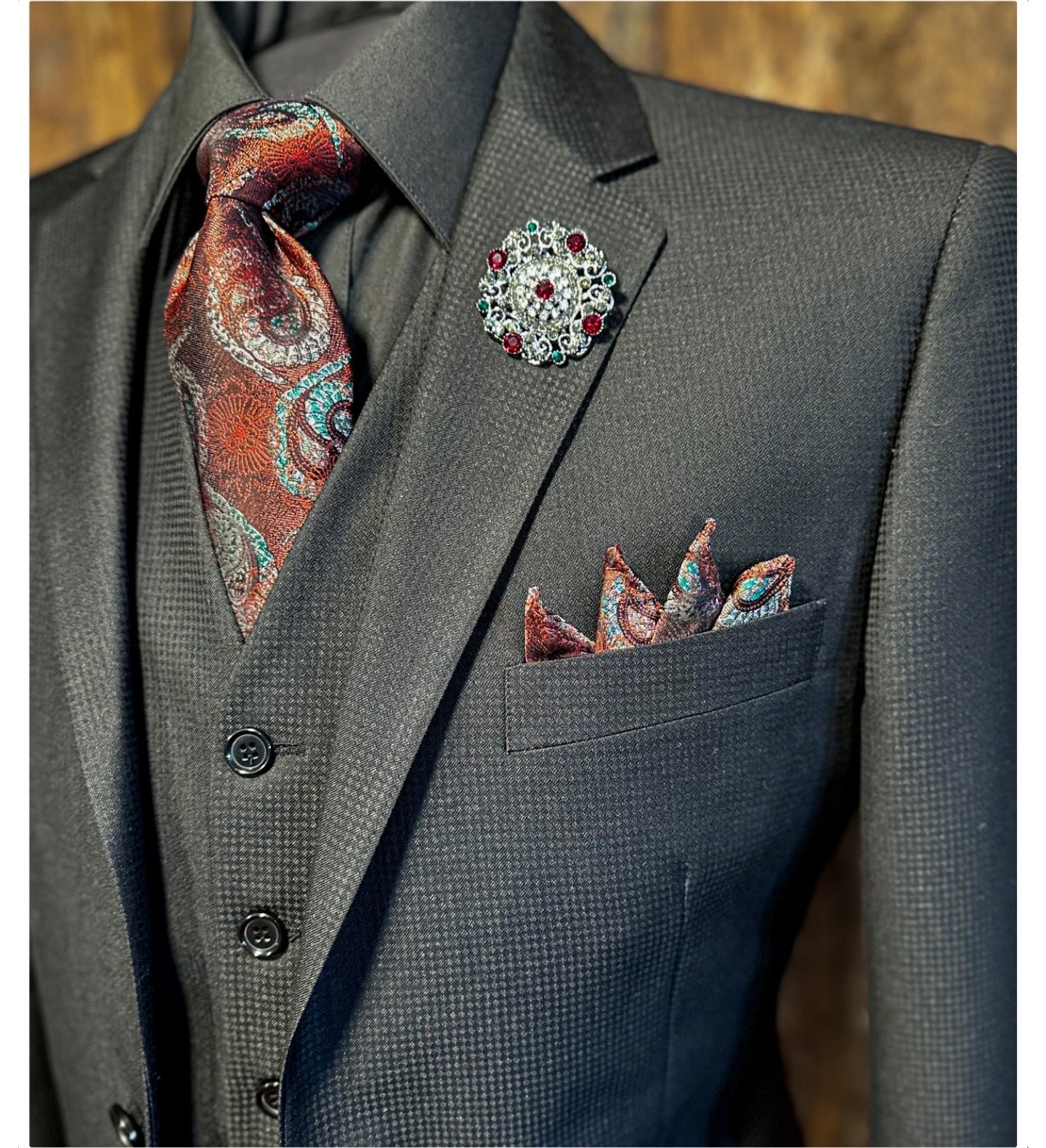 Black Diamond Print Vested Suit
