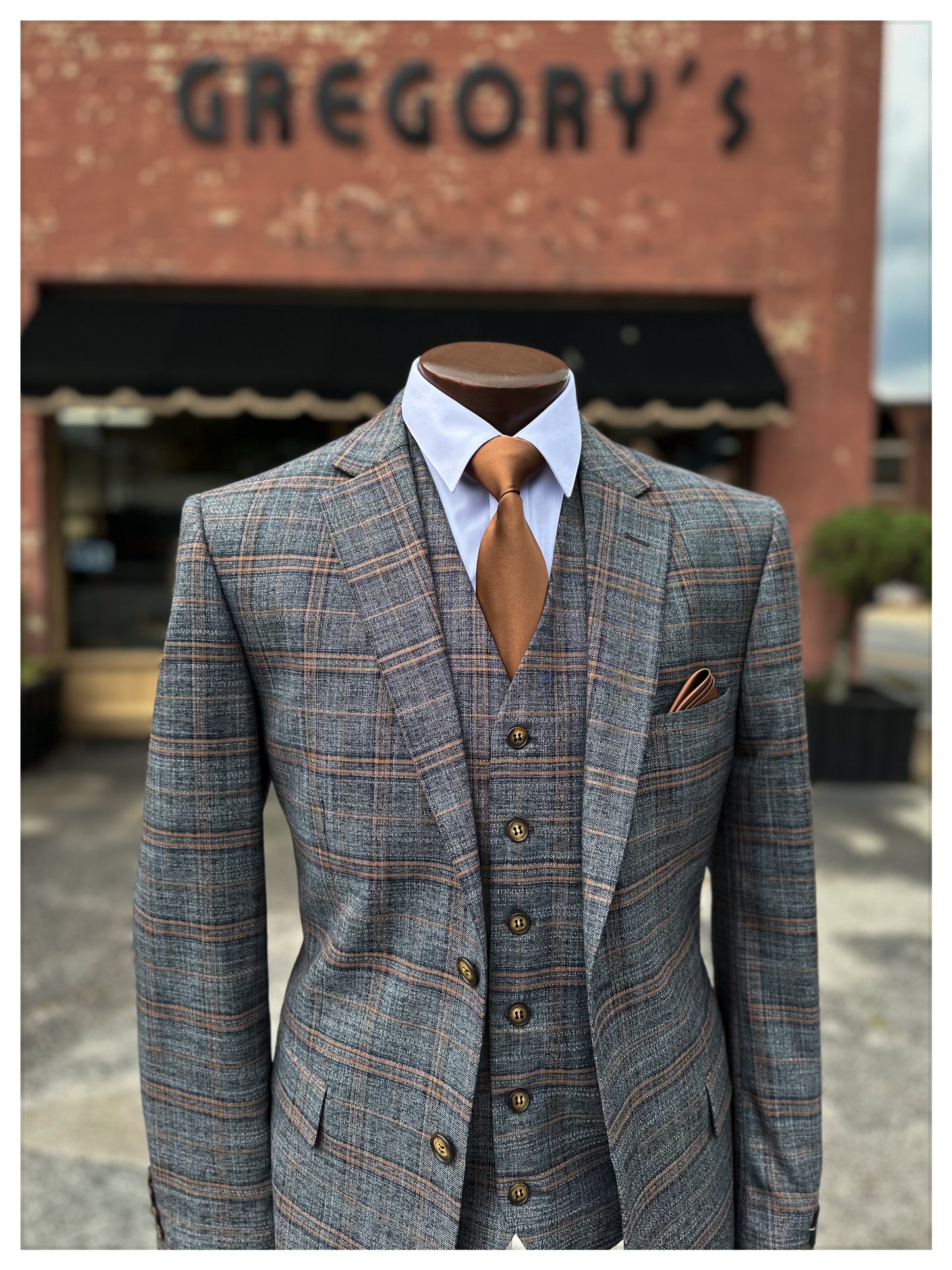 Plaid 3 Piece Suit - Grey / Cognac / Navy
