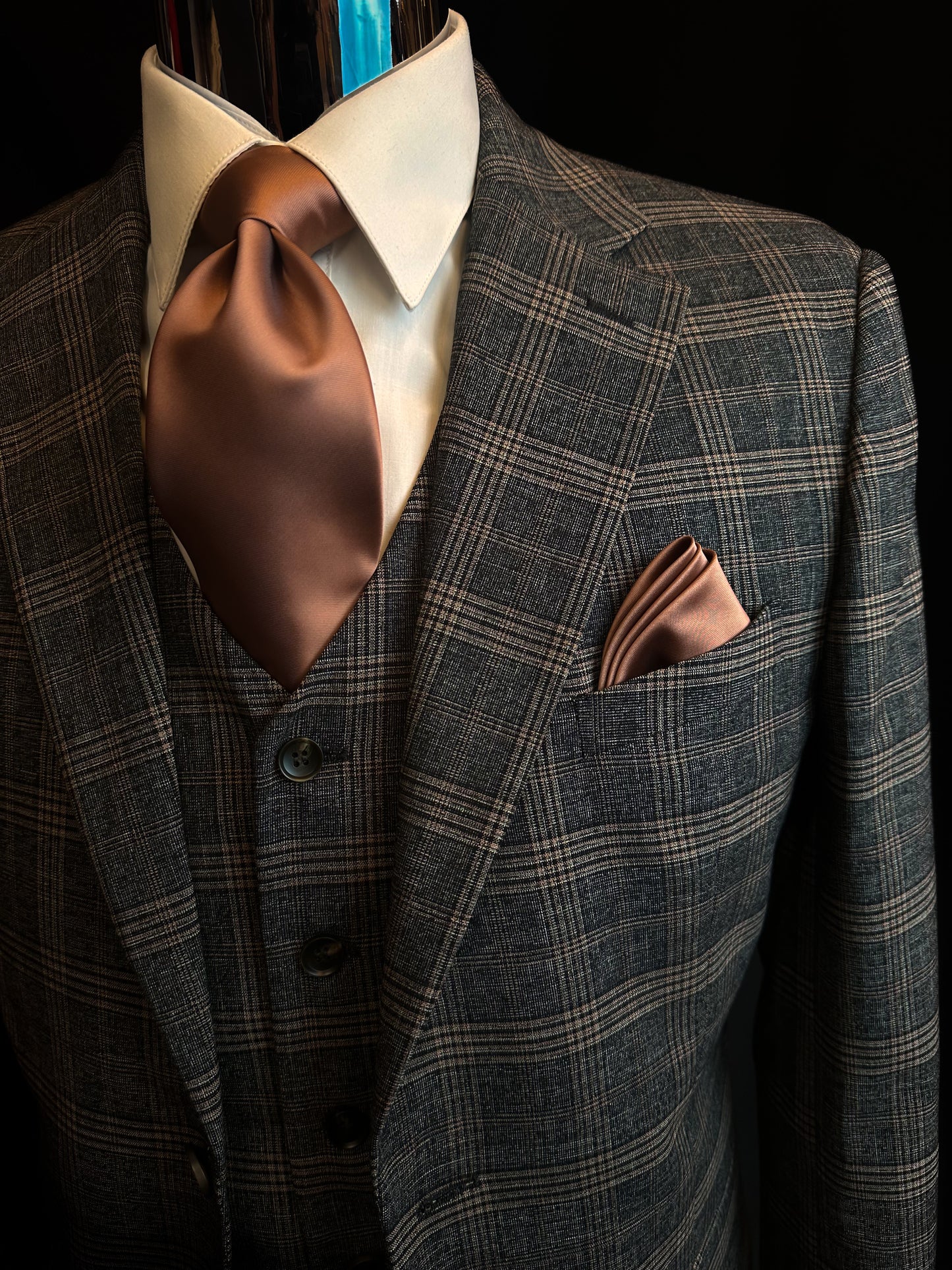 Plaid 3 Piece Suit - Charcoal/Brown