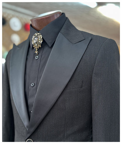 Flared Leg Tuxedo - Black/ Gold Pinstripe
