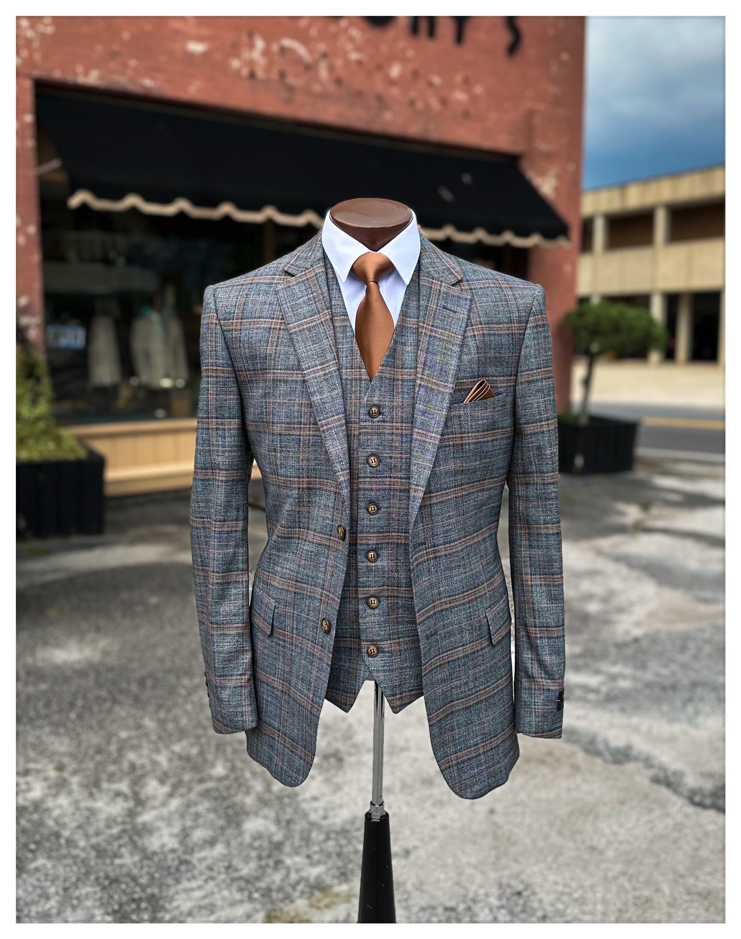 Plaid 3 Piece Suit - Grey / Cognac / Navy