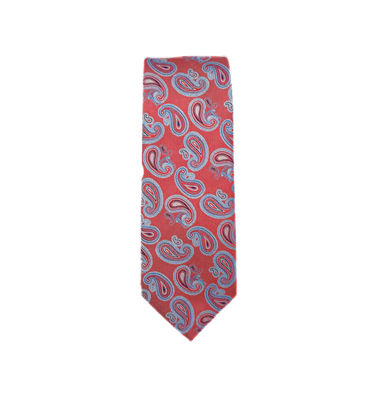 Paisley Neck Tie - Coral/Navy Blue/Light Blue