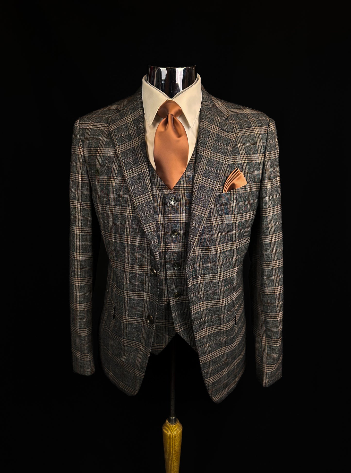 Plaid 3 Piece Suit - Charcoal/Brown