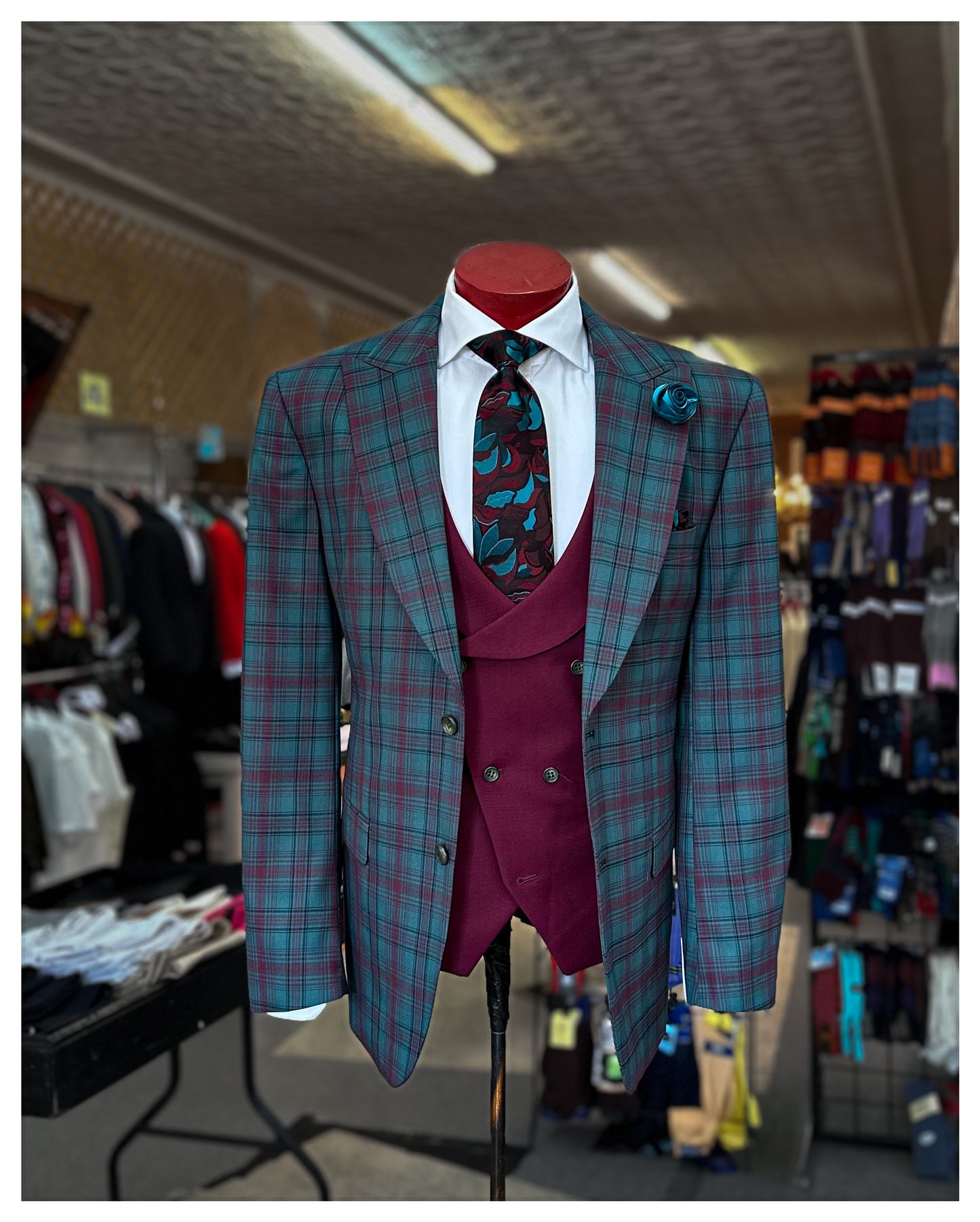 Teal/Burgundy Plaid Suit