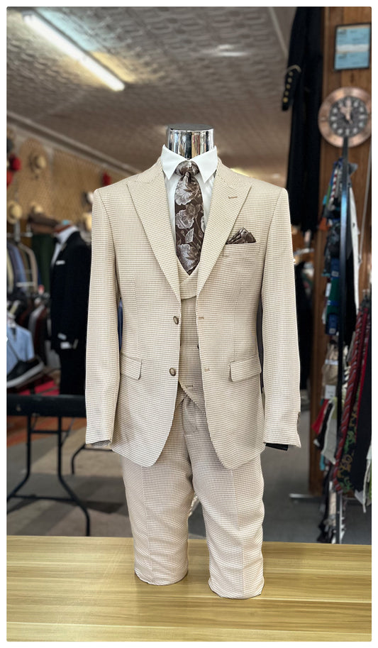 Houndstooth Vested Suit - Beige